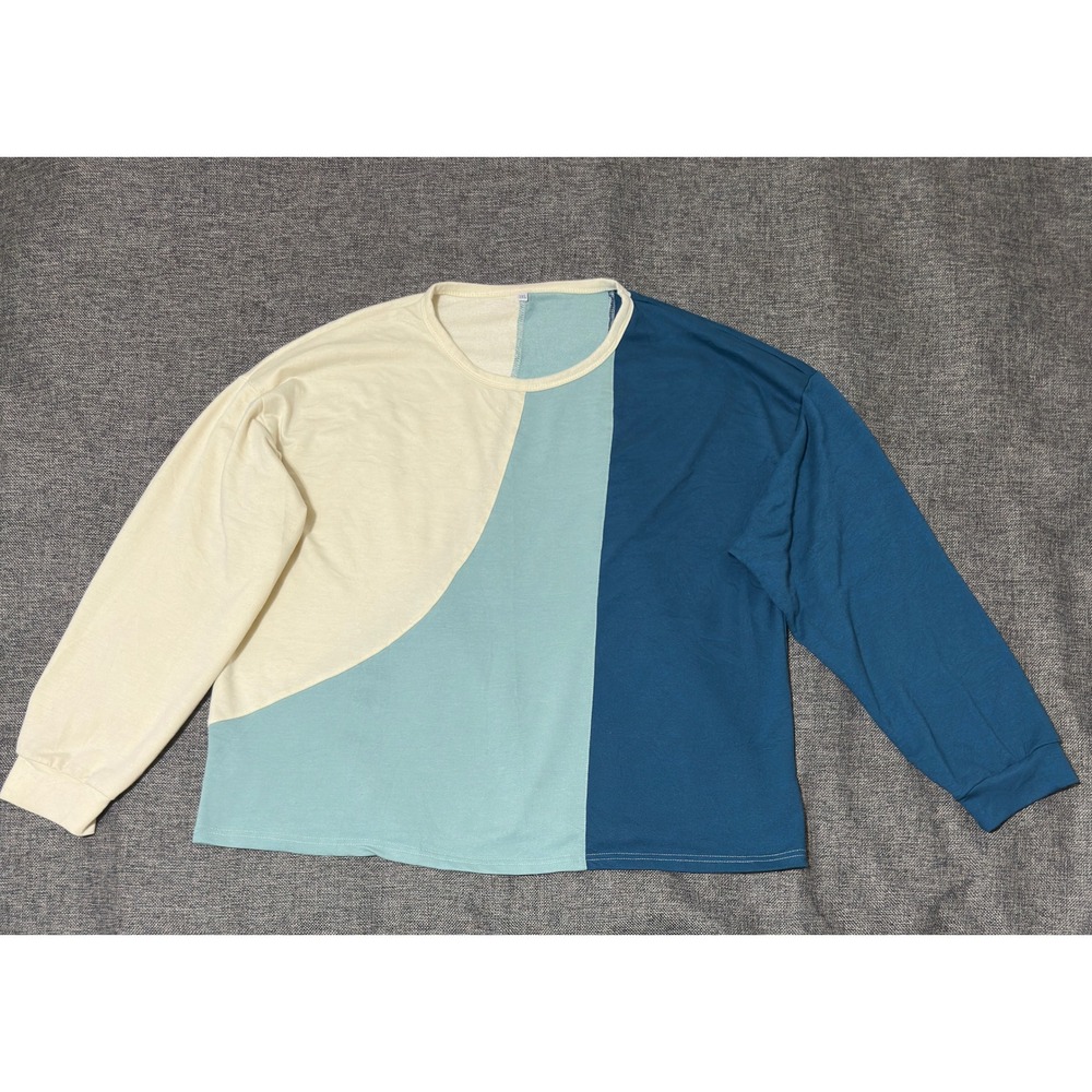 Unbranded Mens 2XL Long Sleeve Shirt Colorblock Blue Cream Crew Neck
